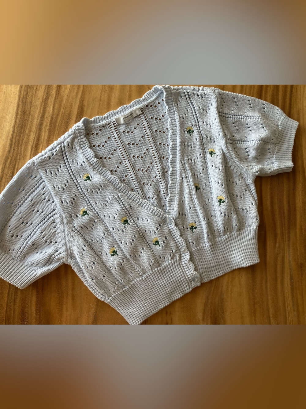 Promod (S) Baby Blue  Cropped V-Neck Knit Cardigan with Yellow Floral Embroidery